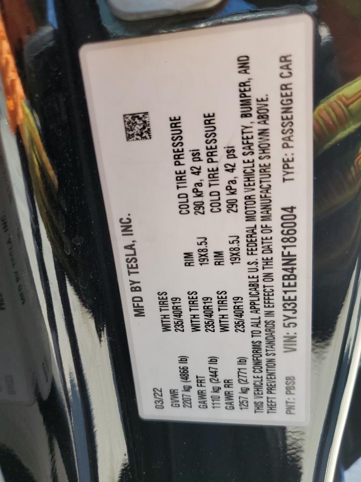 2022 TESLA MODEL 3 VIN:5YJ3E1EB4NF186004