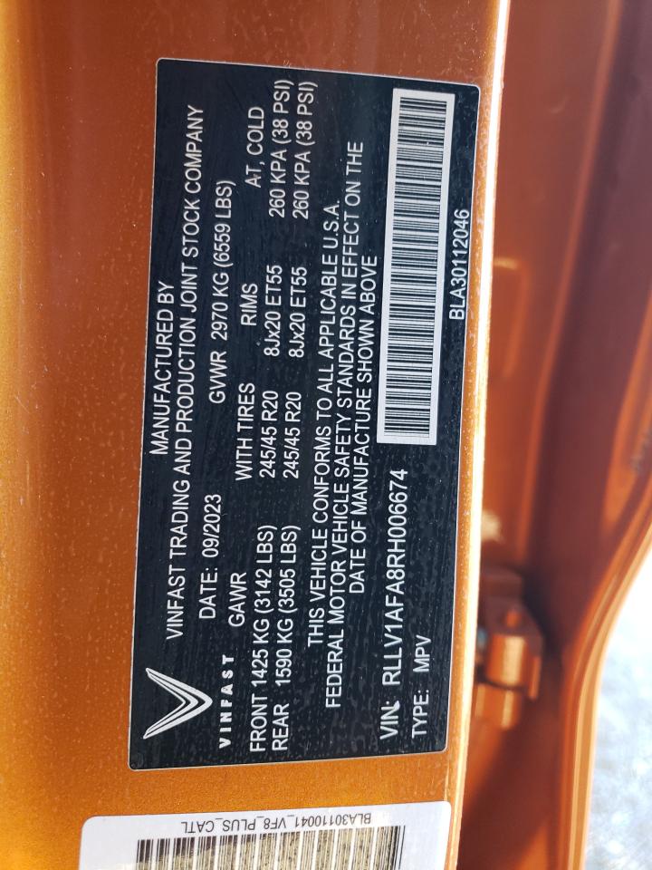 2024 VINFAST TRADING AND PRODUCTION LLC VF 8 PLUS VIN:RLLV1AFA8RH006674