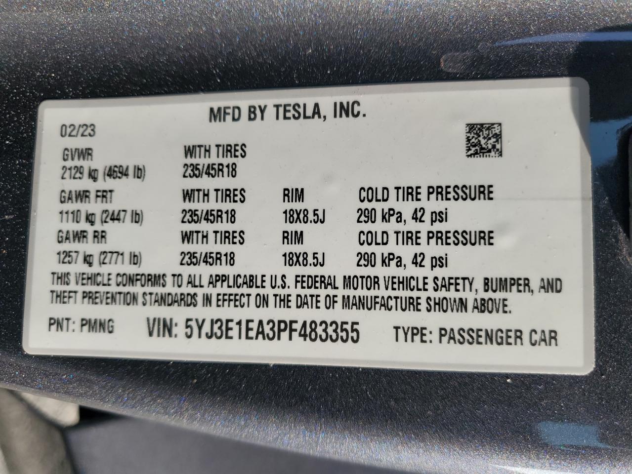 2023 TESLA MODEL 3 VIN:5YJ3E1EA3PF483355