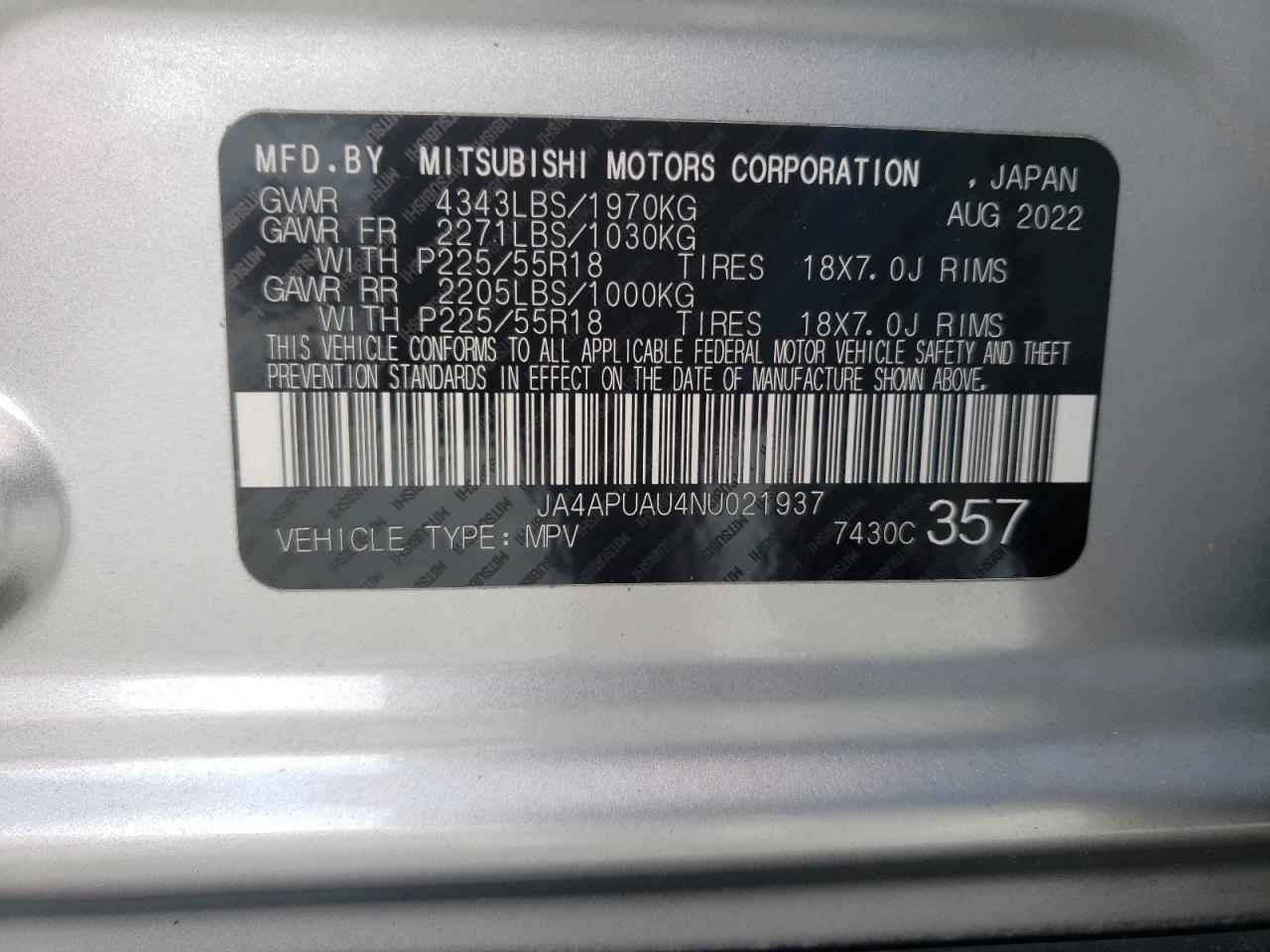 2022 MITSUBISHI OUTLANDER SPORT ES VIN:JA4APUAU4NU021937