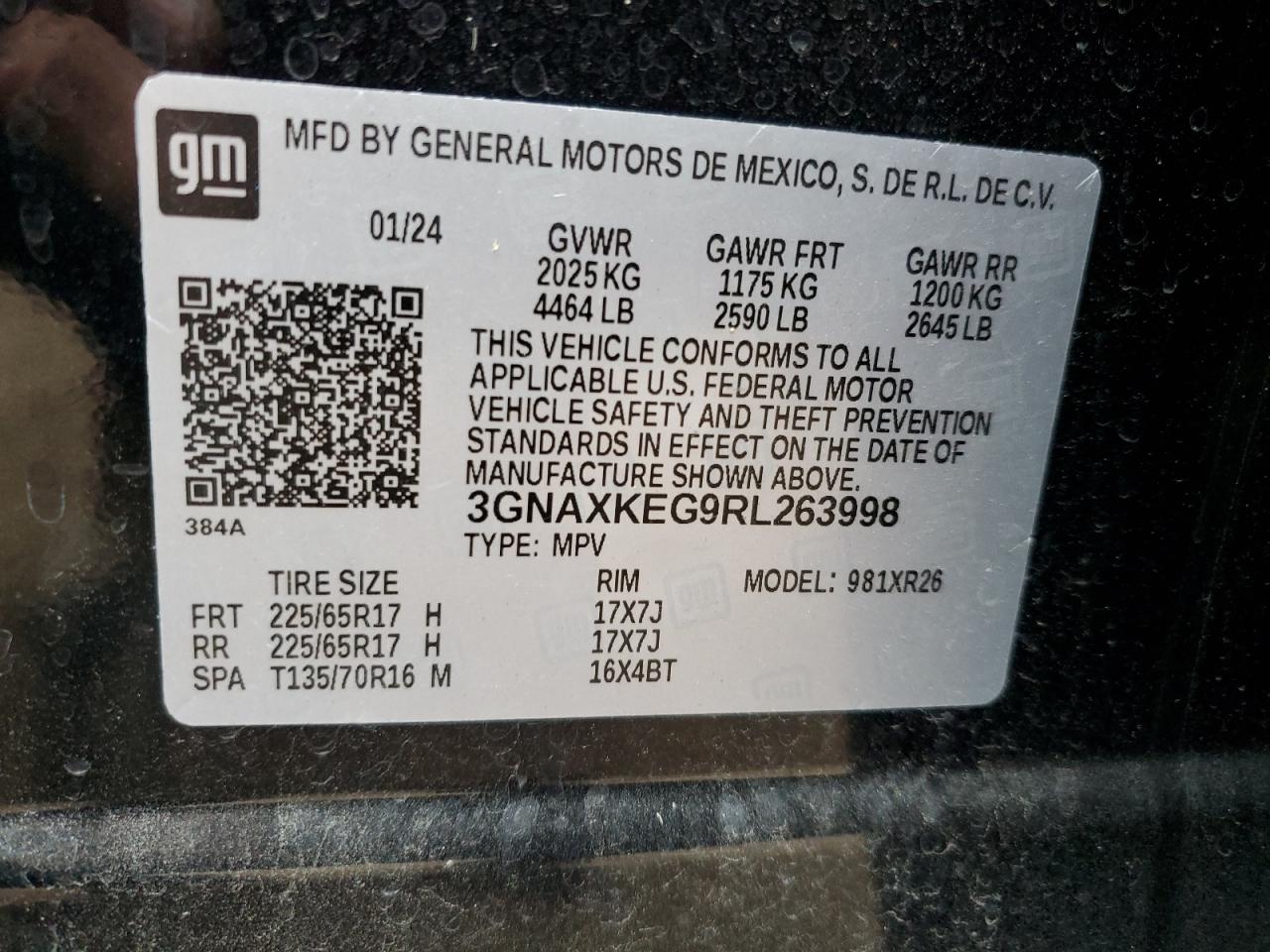 2024 CHEVROLET EQUINOX LT VIN:3GNAXKEG9RL263998