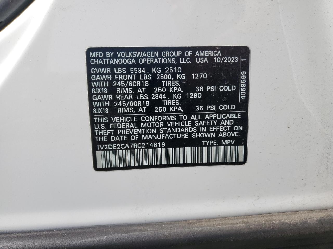 2024 VOLKSWAGEN ATLAS CROSS SPORT SE VIN:1V2DE2CA7RC214819