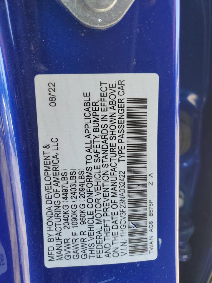 2022 HONDA ACCORD HYBRID SPORT VIN:1HGCV3F23NA032422