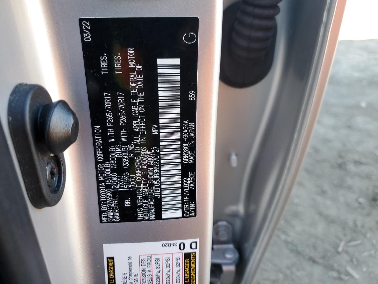 2022 TOYOTA 4RUNNER SR5 VIN:JTEFU5JR3N5270127