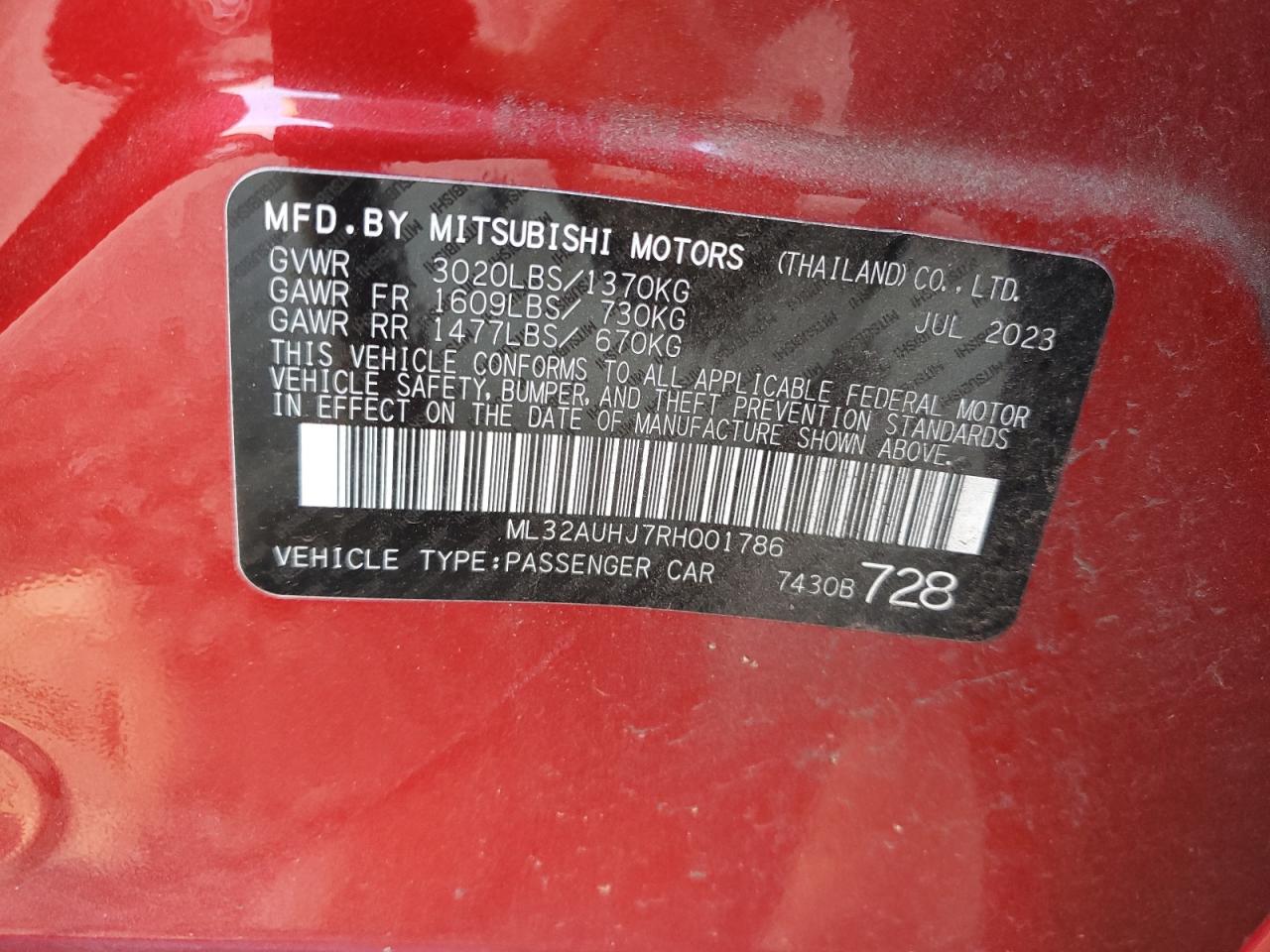 2024 MITSUBISHI MIRAGE ES VIN:ML32AUHJ7RH001786