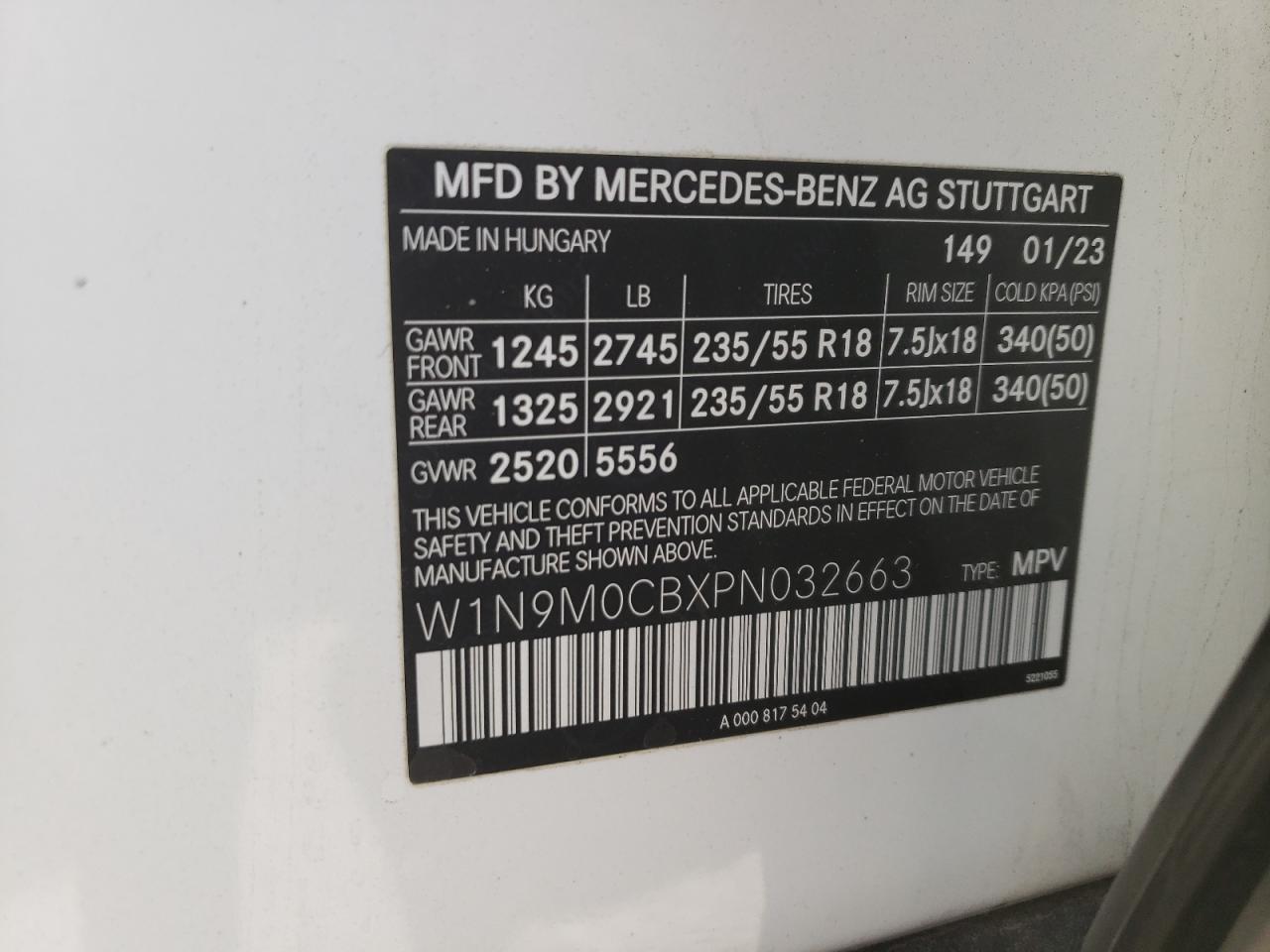 2023 MERCEDES-BENZ EQB 250+ VIN:W1N9M0CBXPN032663