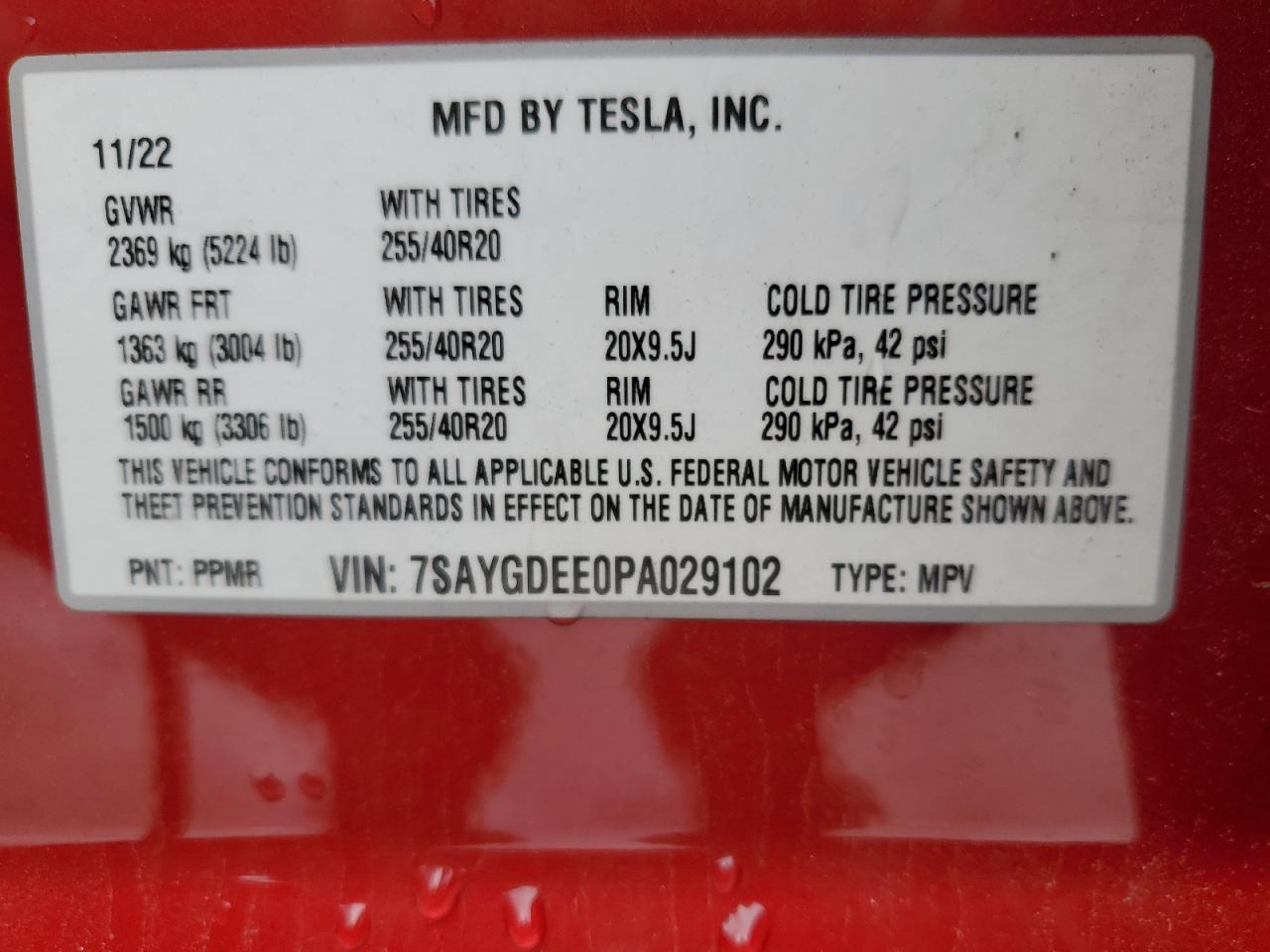 2023 TESLA MODEL Y VIN:7SAYGDEE0PA029102