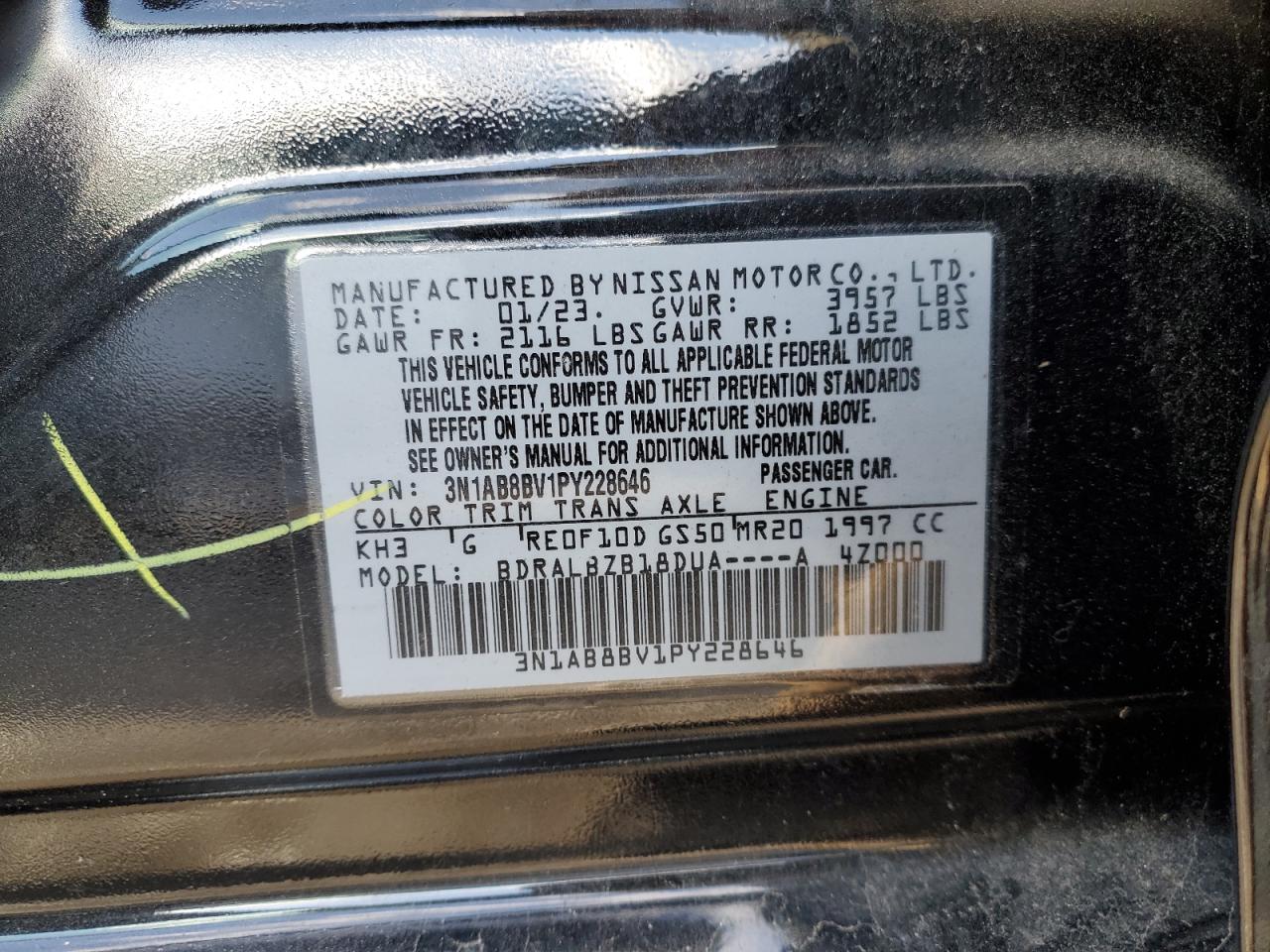 2023 NISSAN SENTRA S VIN:3N1AB8BV1PY228646