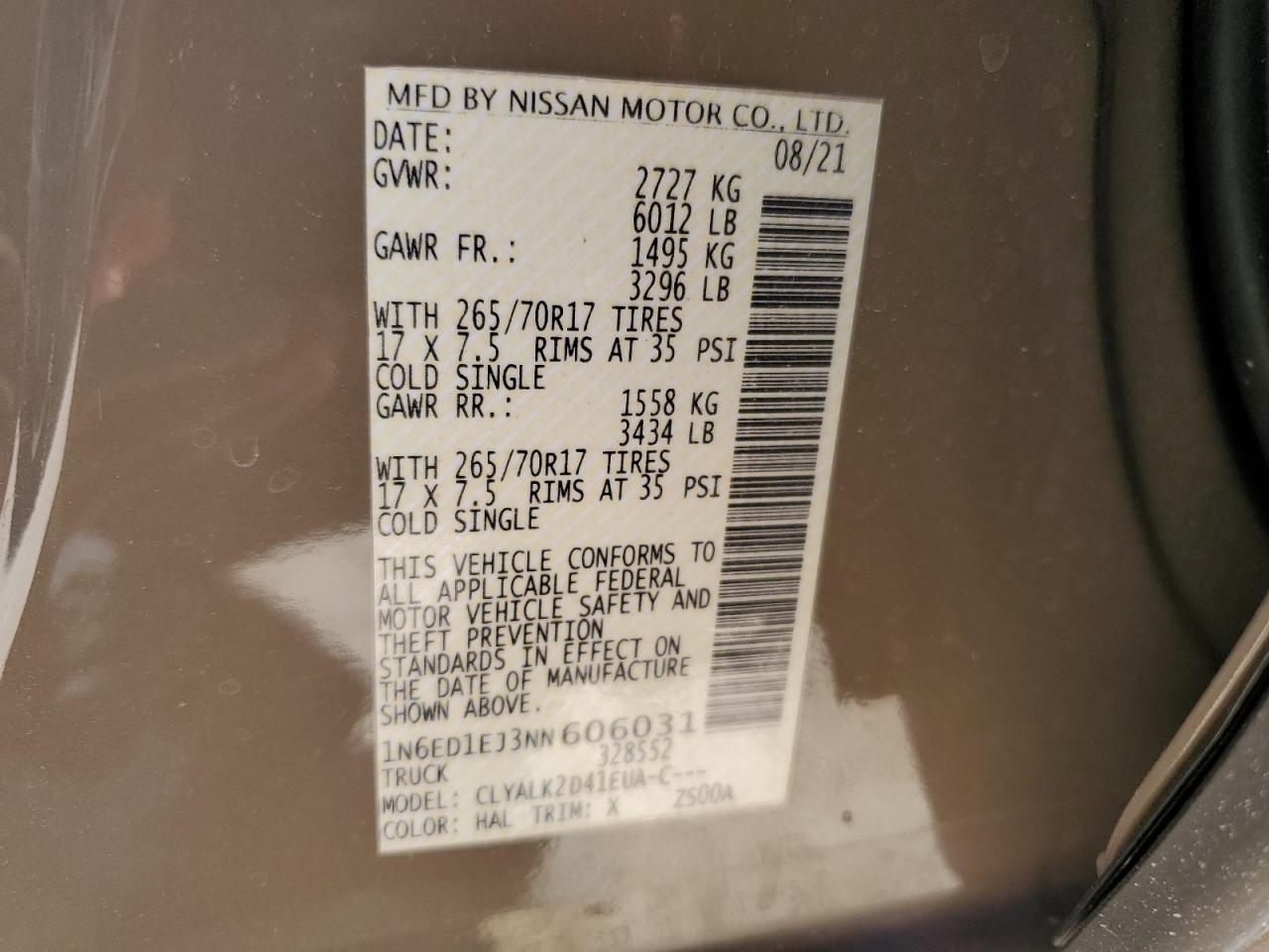 2022 NISSAN FRONTIER S VIN:1N6ED1EJ3NN606031