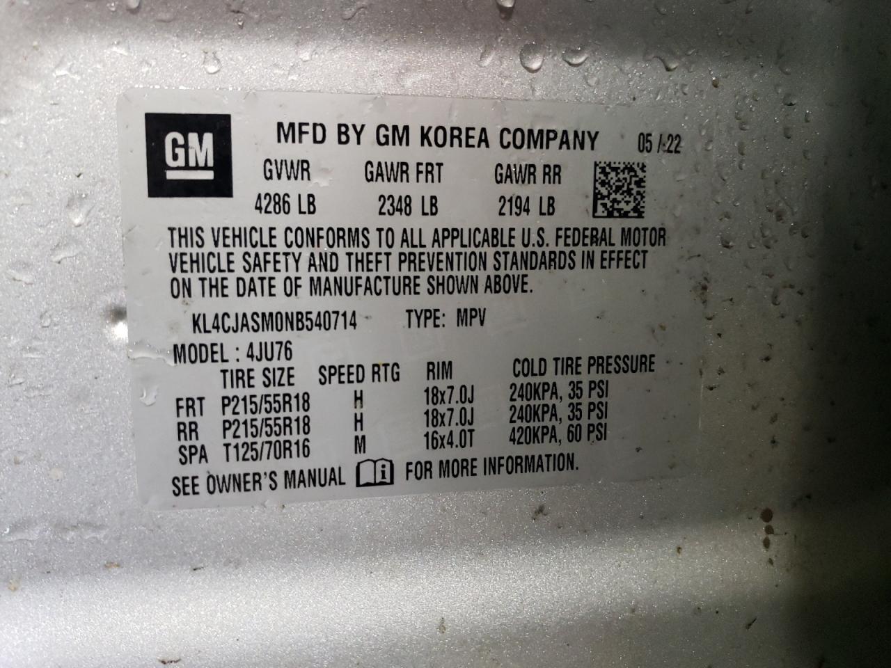 2022 BUICK ENCORE PREFERRED VIN:KL4CJASM0NB540714