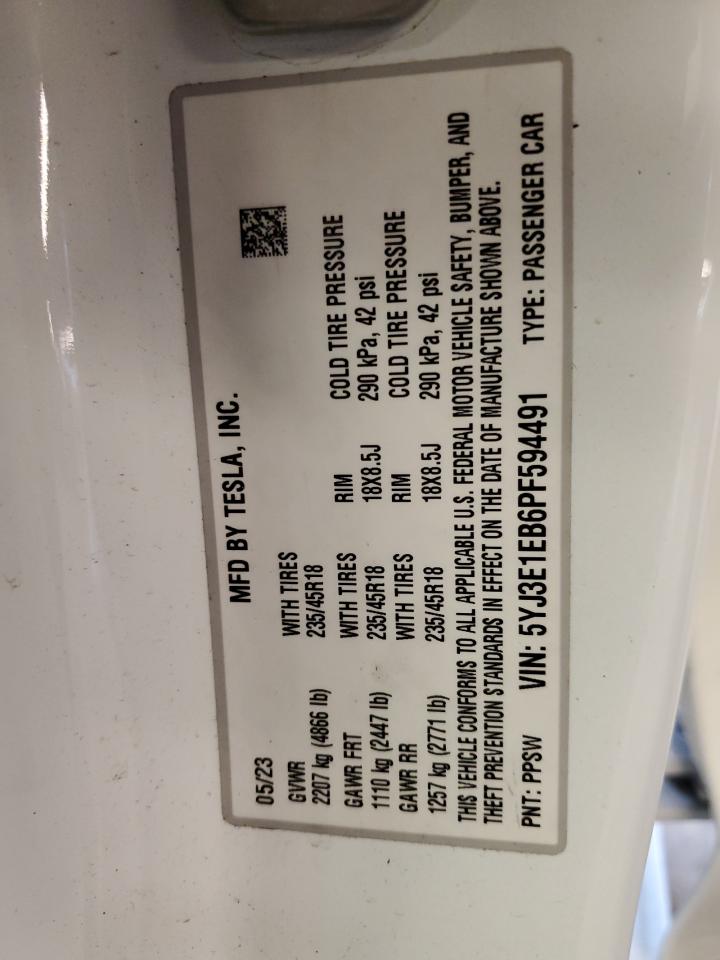 2023 TESLA MODEL 3 VIN:5YJ3E1EB6PF594491