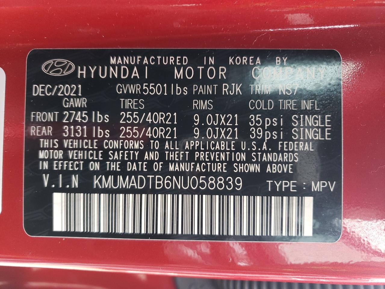 2022 GENESIS GV70 BASE VIN:KMUMADTB6NU058839