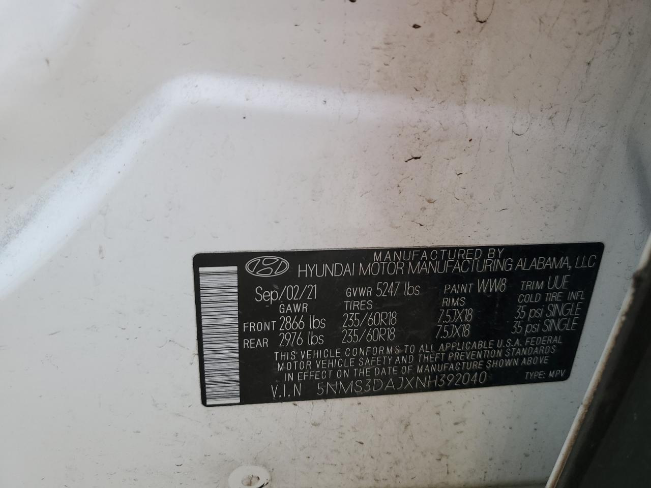 2022 HYUNDAI SANTA FE SEL VIN:5NMS3DAJXNH392040