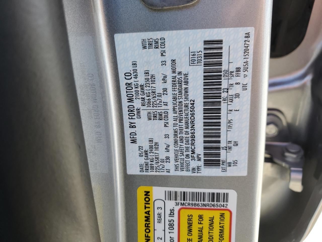 2022 FORD BRONCO SPORT BIG BEND VIN:3FMCR9B63NRD65042