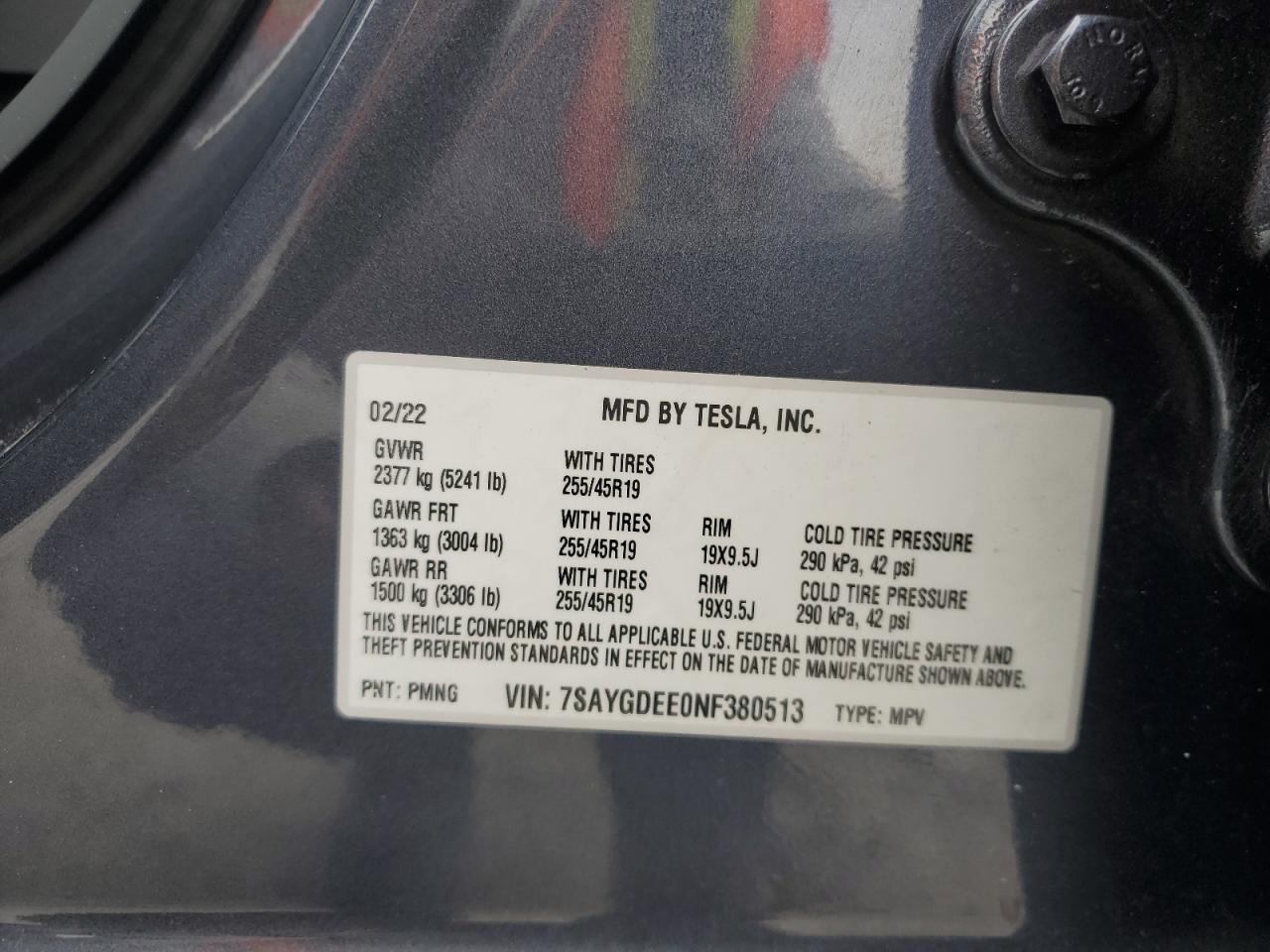 2022 TESLA MODEL Y VIN:7SAYGDEE0NF380513