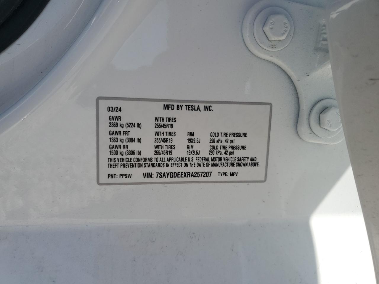 2024 TESLA MODEL Y VIN:7SAYGDEEXRA257207