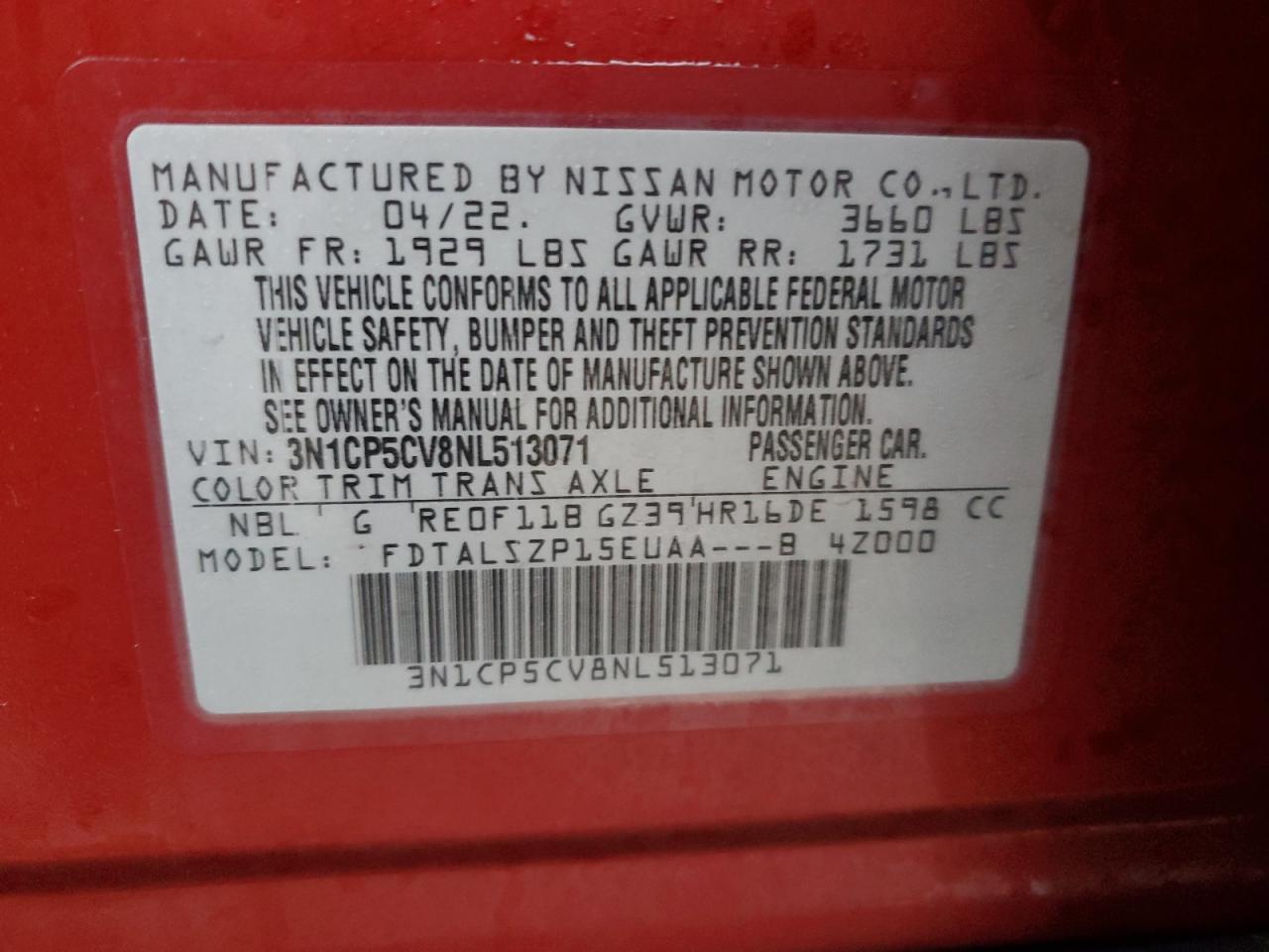 2022 NISSAN KICKS SV VIN:3N1CP5CV8NL513071