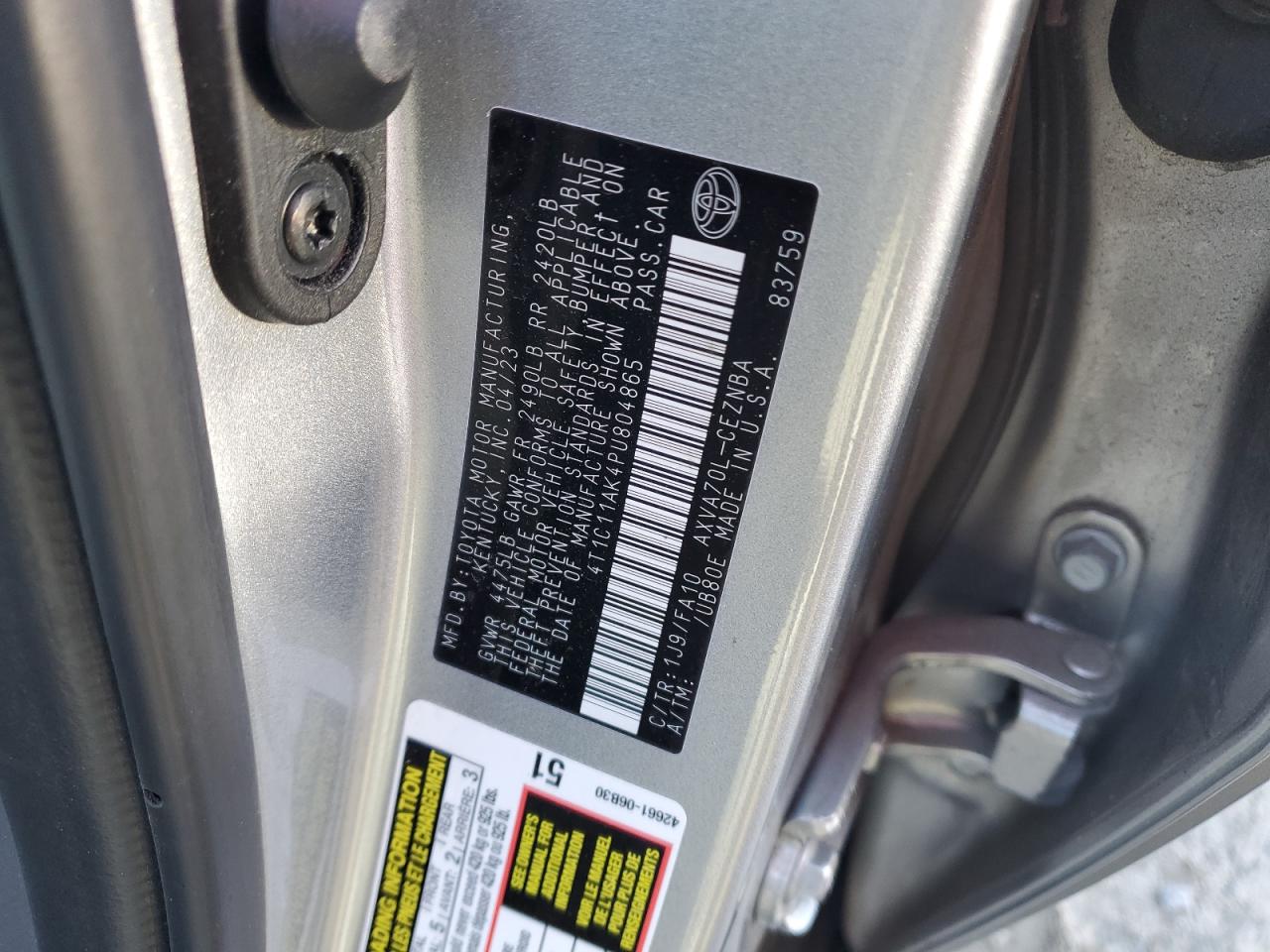 2023 TOYOTA CAMRY LE VIN:4T1C11AK4PU804865