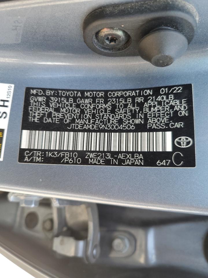 2022 TOYOTA COROLLA LE VIN:JTDEAMDE9N3004506