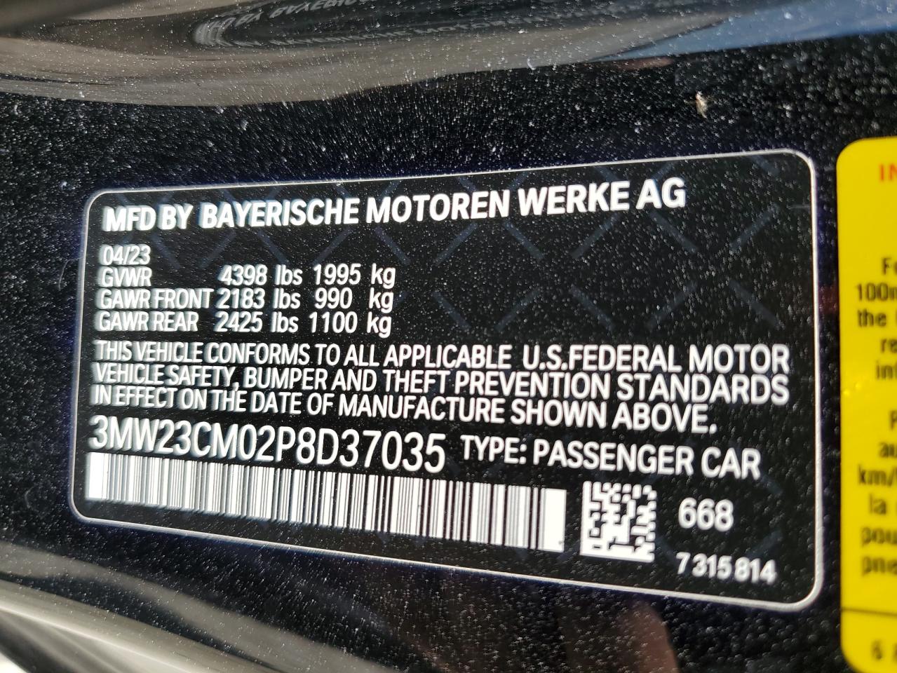 2023 BMW 230I VIN:3MW23CM02P8D37035
