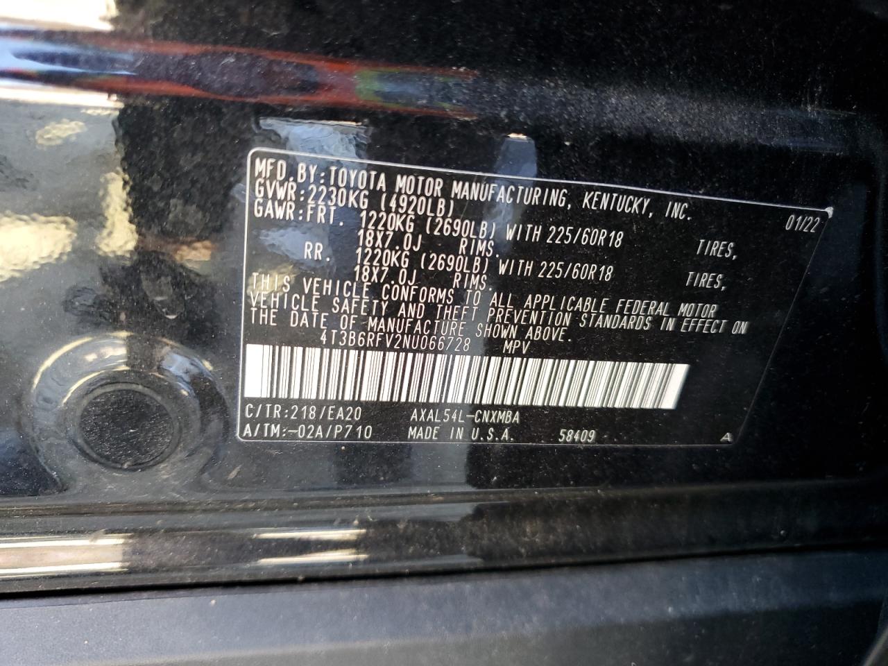 2022 TOYOTA RAV4 XLE PREMIUM VIN:4T3B6RFV2NU066728