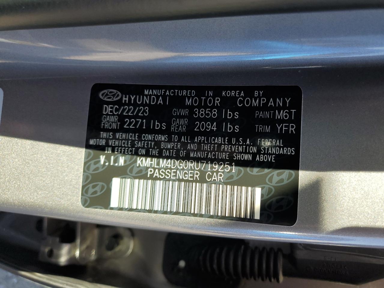 2024 HYUNDAI ELANTRA SEL VIN:KMHLM4DG0RU719251