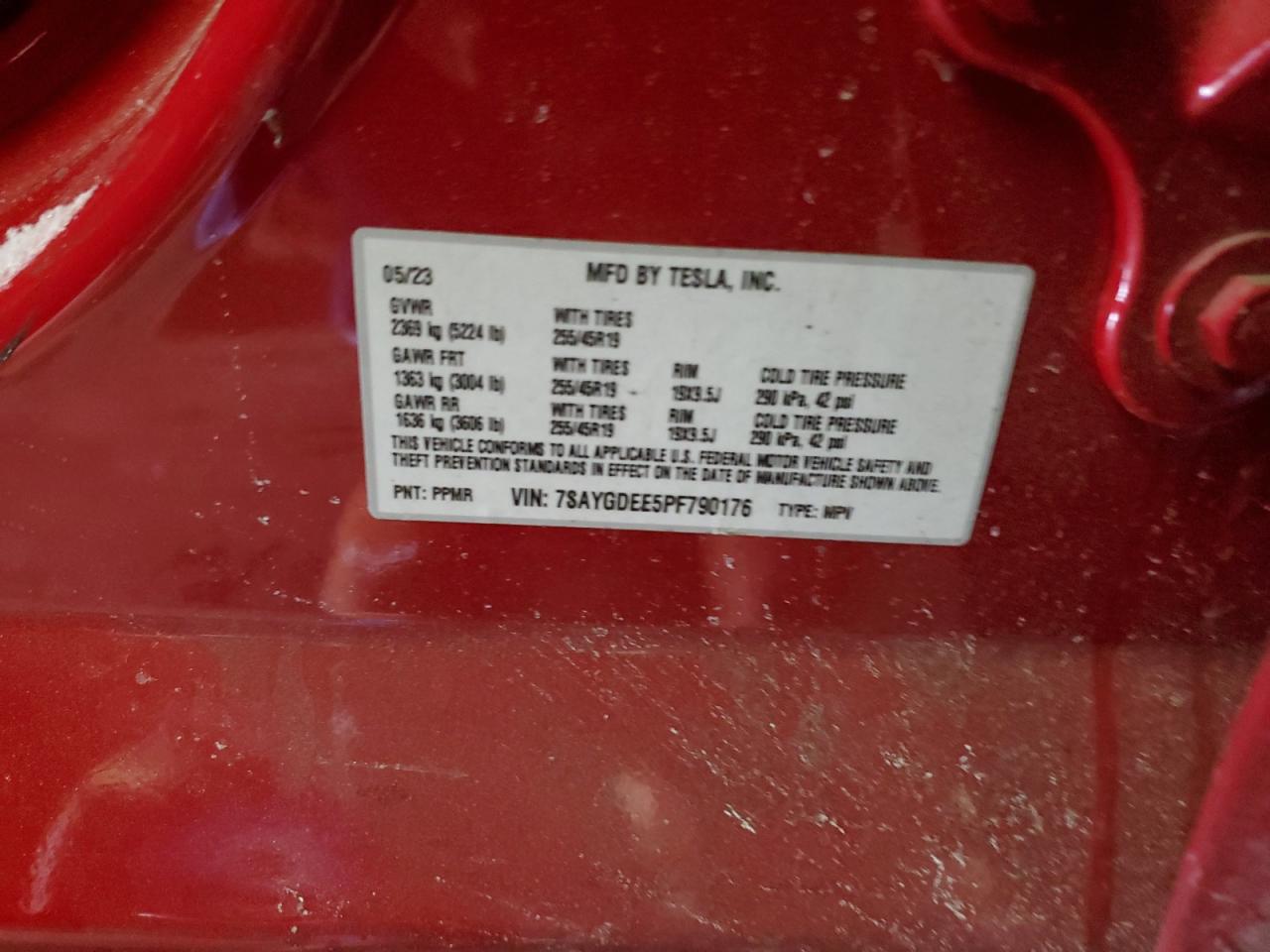 2023 TESLA MODEL Y VIN:7SAYGDEE5PF790176