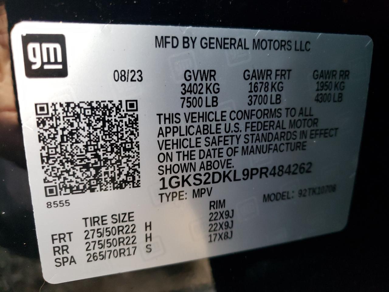 2023 GMC YUKON DENALI VIN:1GKS2DKL9PR484262