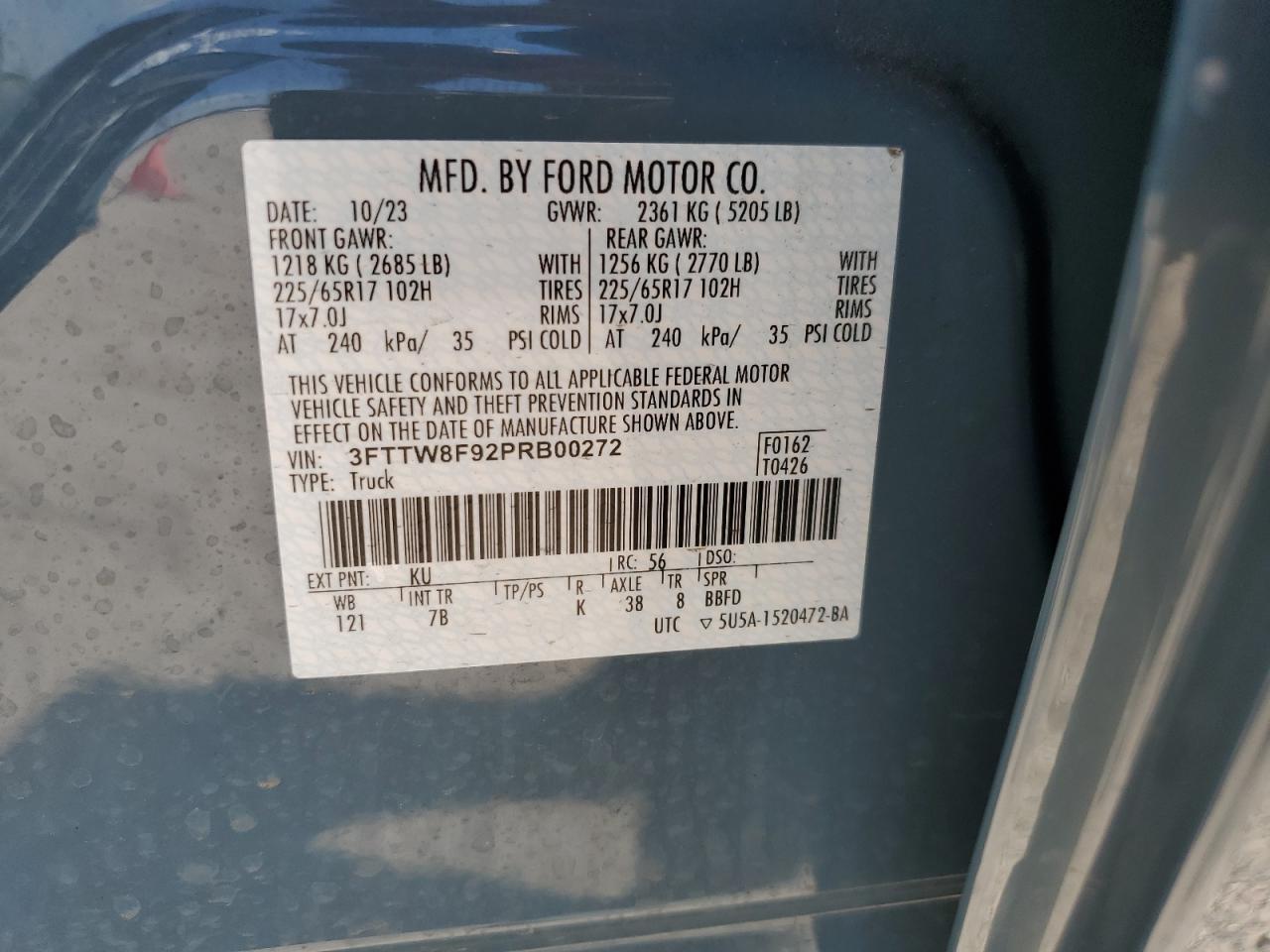 2023 FORD MAVERICK XL VIN:3FTTW8F92PRB00272