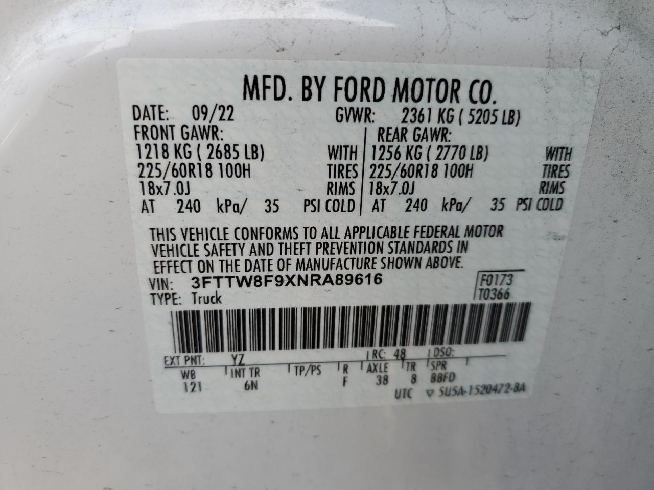 2022 FORD MAVERICK XL VIN:3FTTW8F9XNRA89616