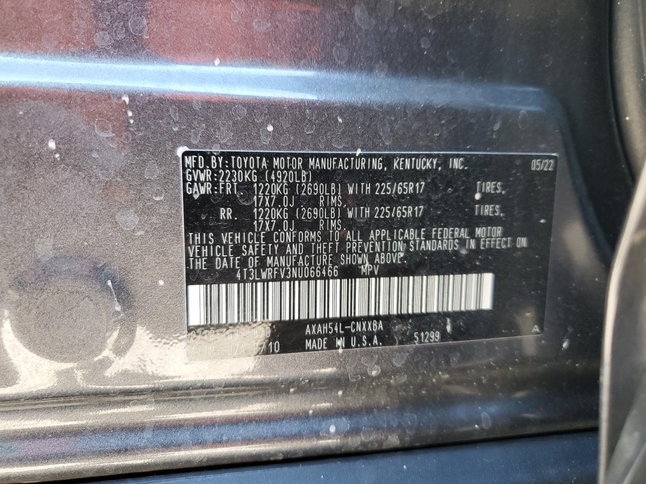 2022 TOYOTA RAV4 LE VIN:4T3LWRFV3NU066466