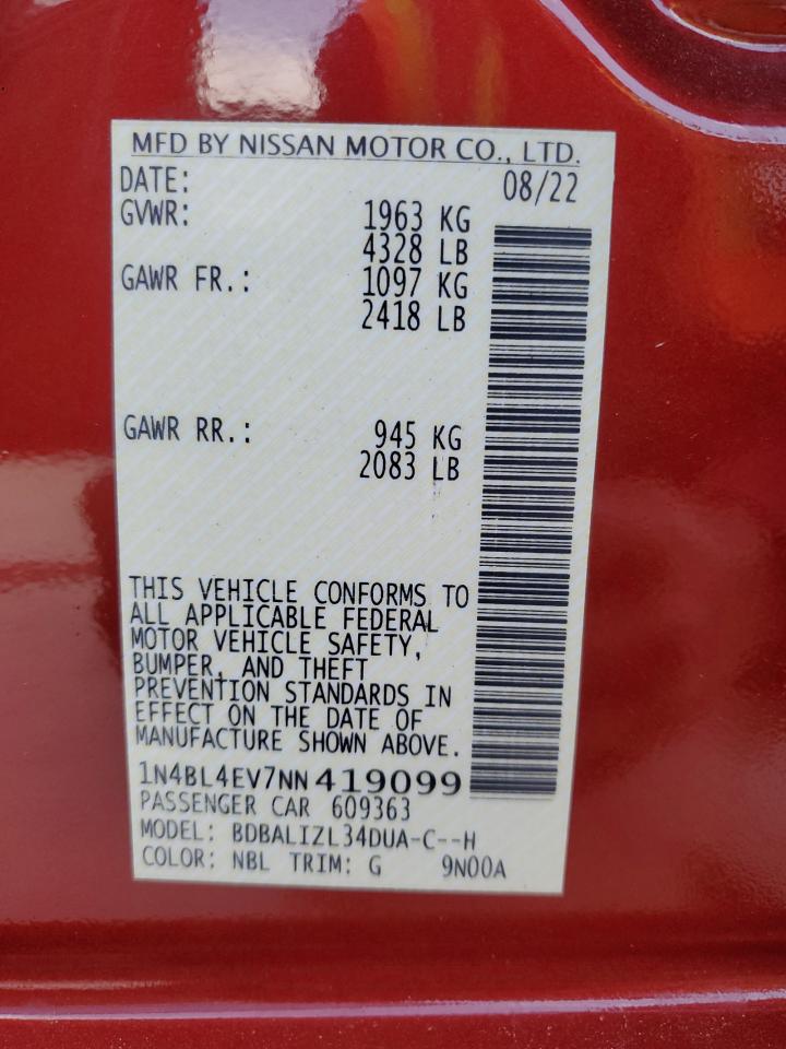 2022 NISSAN ALTIMA SL VIN:1N4BL4EV7NN419099