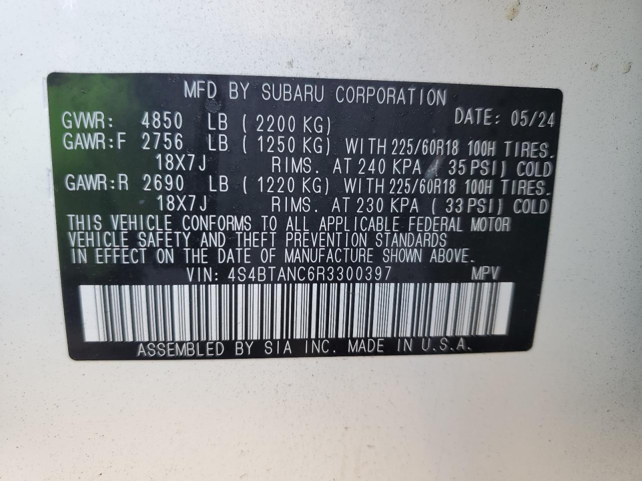 2024 SUBARU OUTBACK LIMITED VIN:4S4BTANC6R3300397