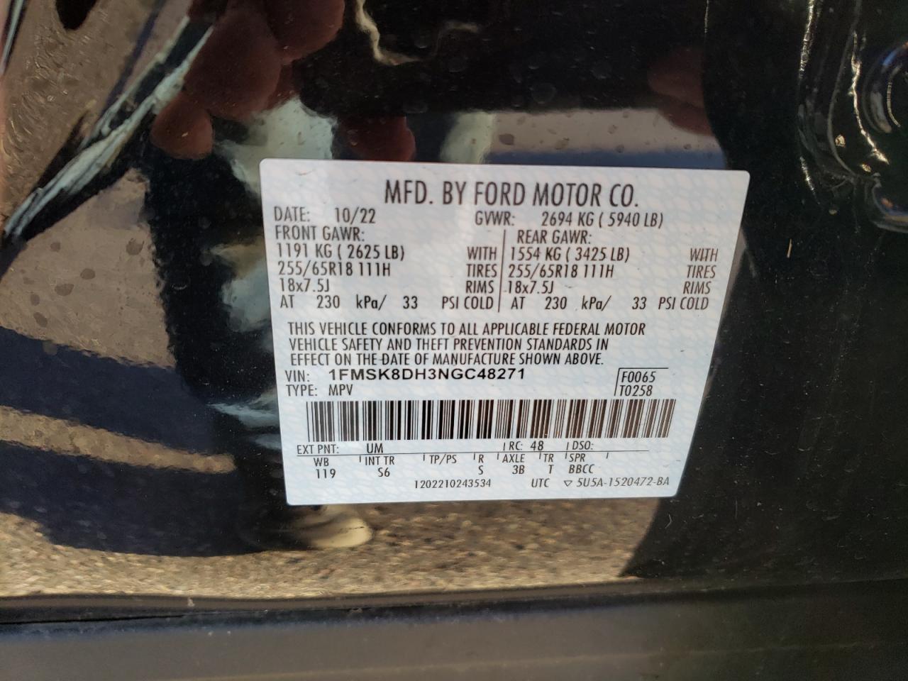 2022 FORD EXPLORER XLT VIN:1FMSK8DH3NGC48271