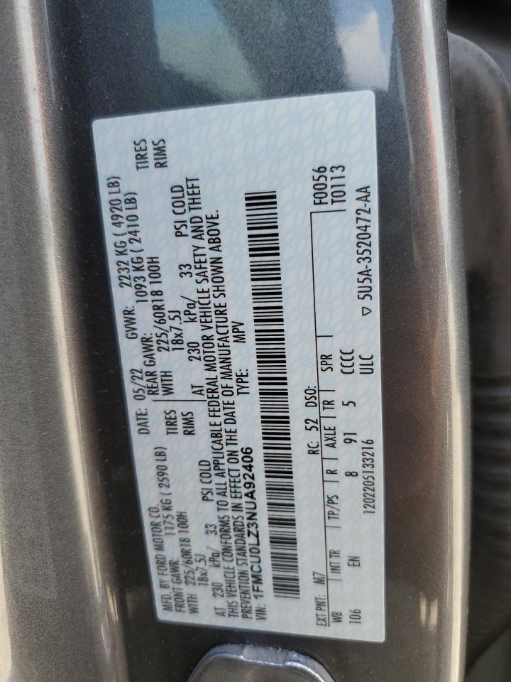 2022 FORD ESCAPE TITANIUM VIN:1FMCU0LZ3NUA92406