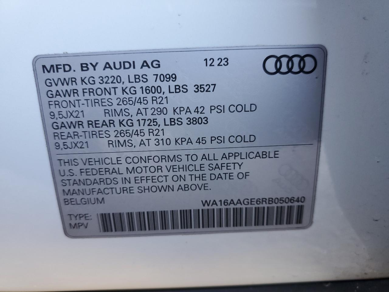 2024 AUDI Q8 E-TRON PRESTIGE VIN:WA16AAGE6RB050640