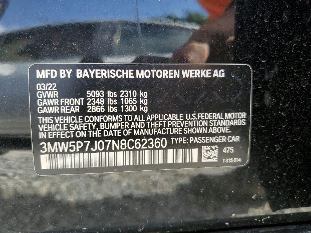2022 BMW 330E VIN:3MW5P7J07N8C62360