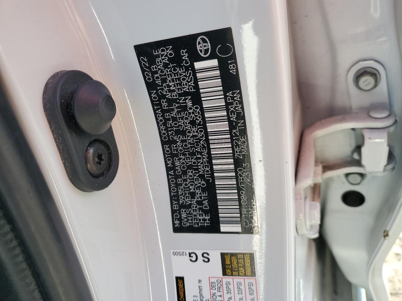 2022 TOYOTA COROLLA LE VIN:JTDEPMAE2N3013650