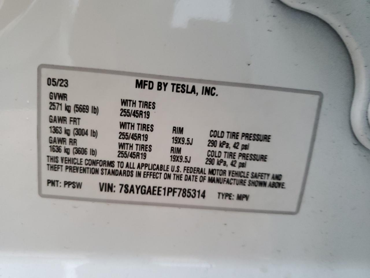 2023 TESLA MODEL Y VIN:7SAYGAEE1PF785314