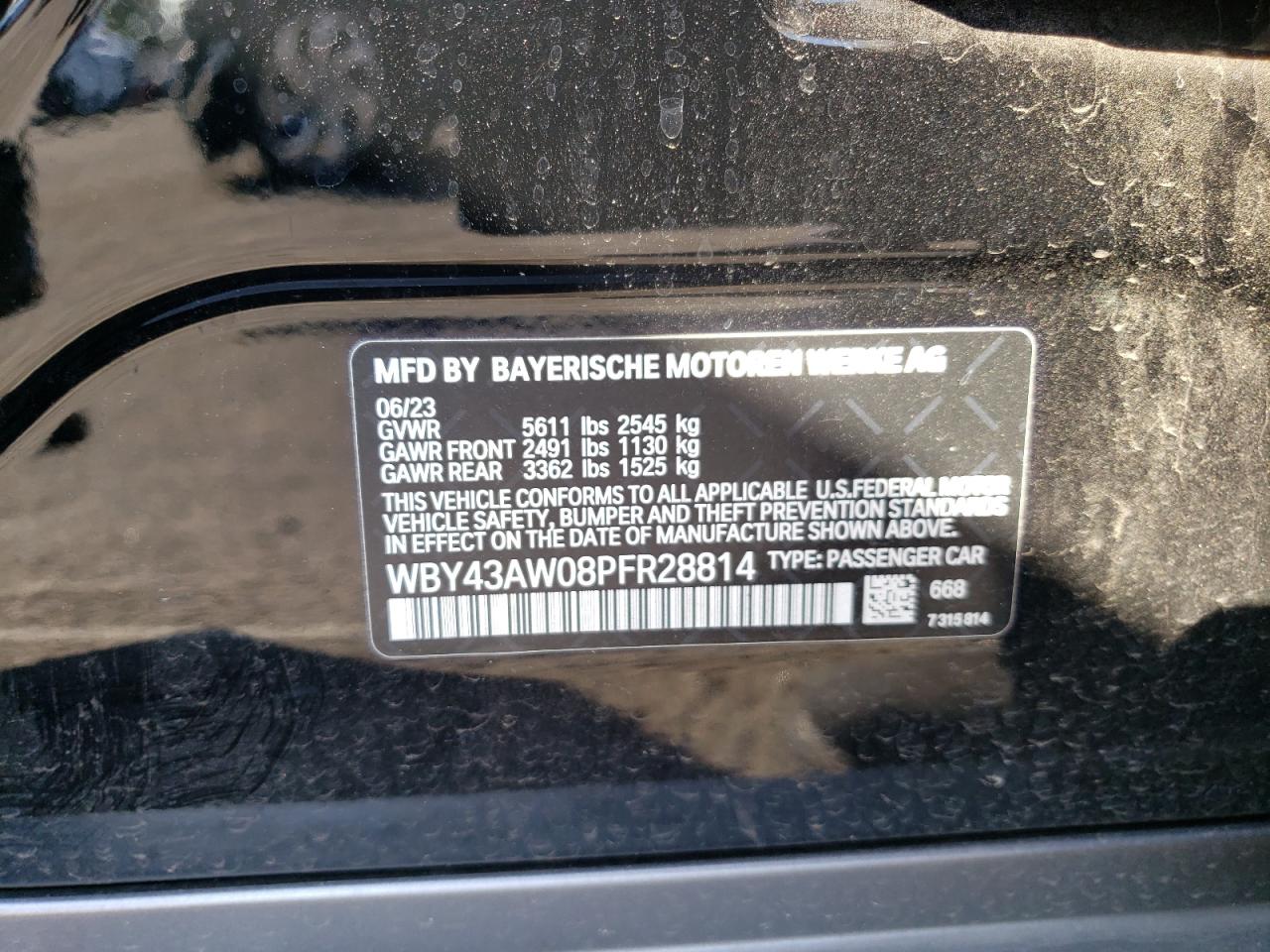 2023 BMW I4 EDRIVE35 VIN:WBY43AW08PFR28814