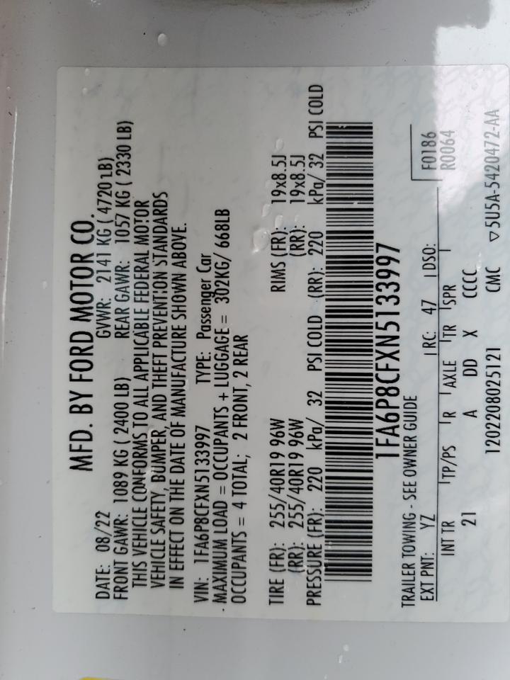 2022 FORD MUSTANG GT VIN:1FA6P8CFXN5133997
