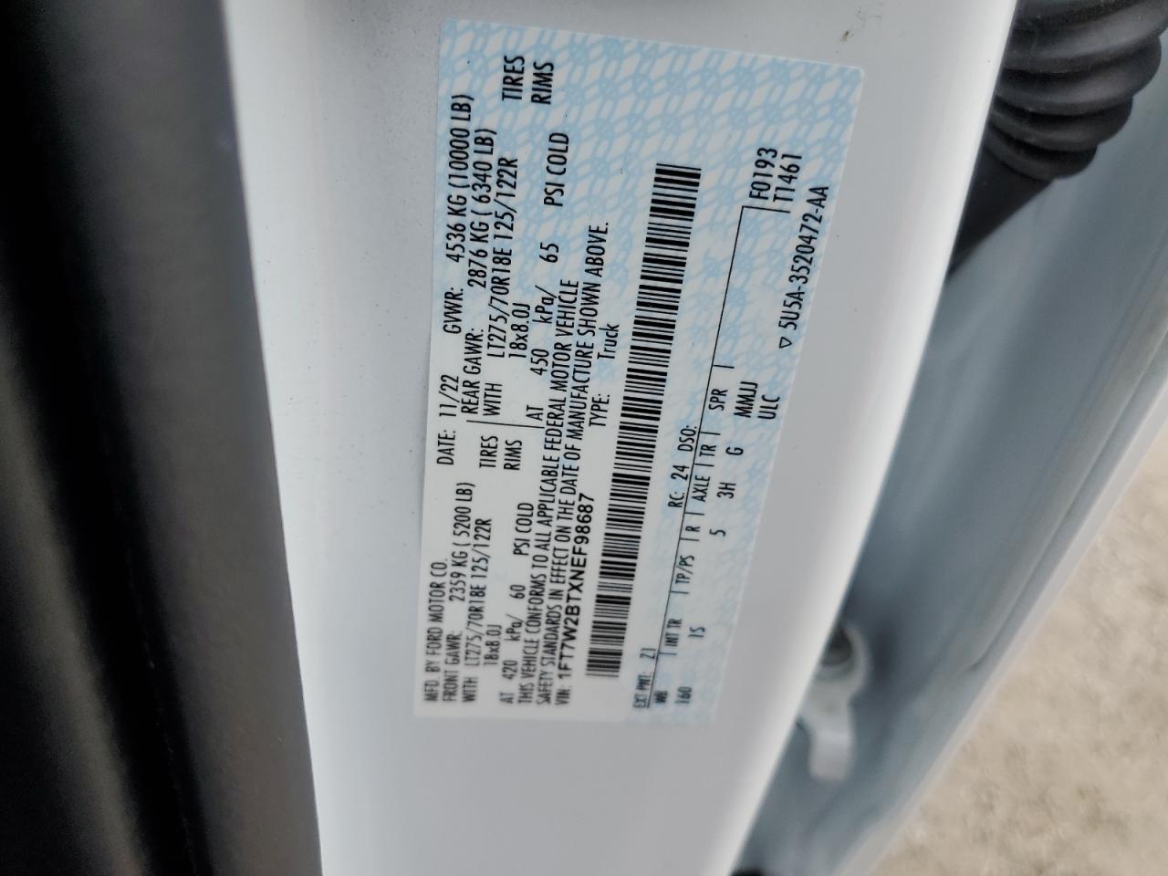 2022 FORD F250 SUPER DUTY VIN:1FT7W2BTXNEF98687