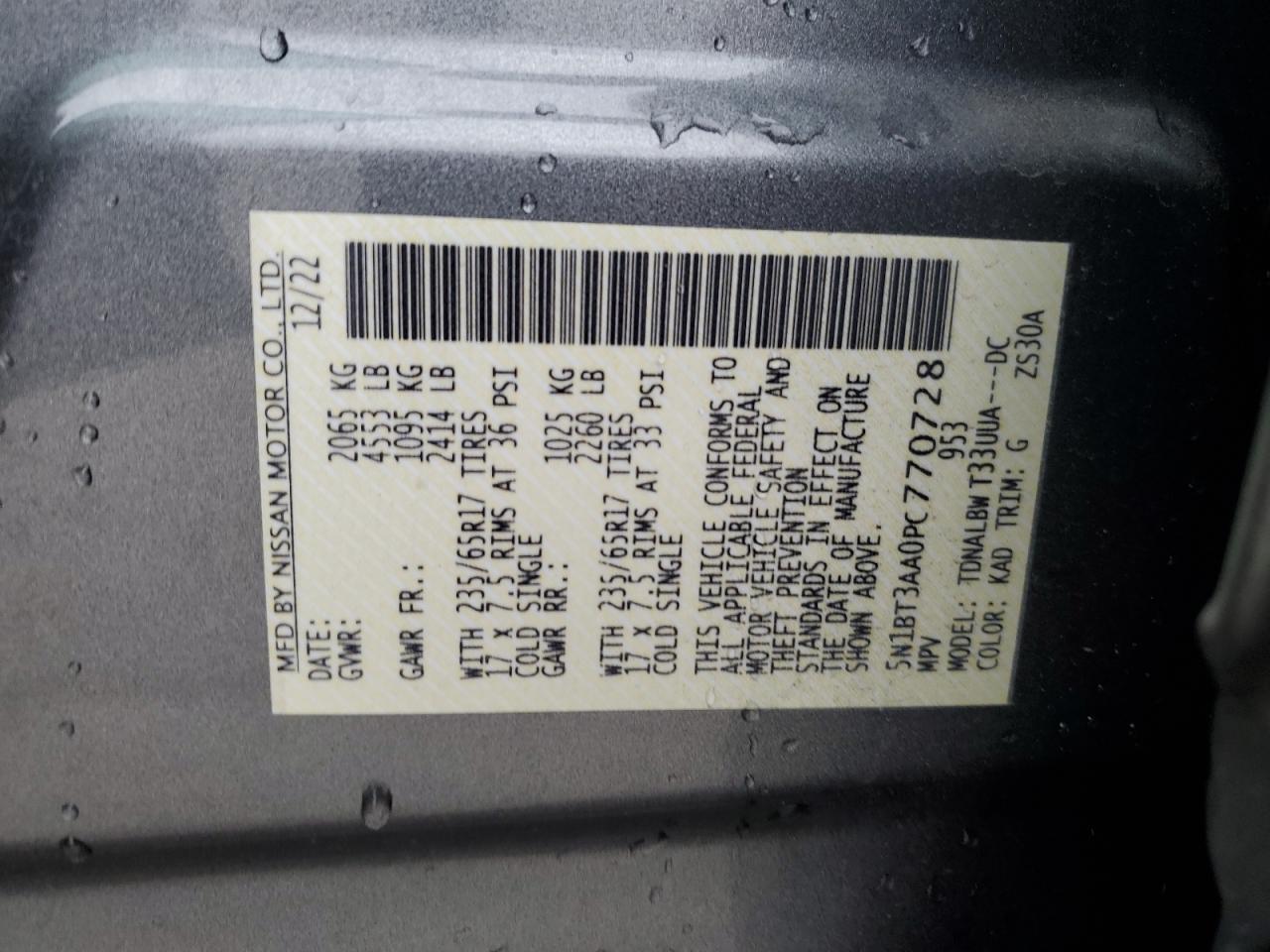 2023 NISSAN ROGUE S VIN:5N1BT3AA0PC770728
