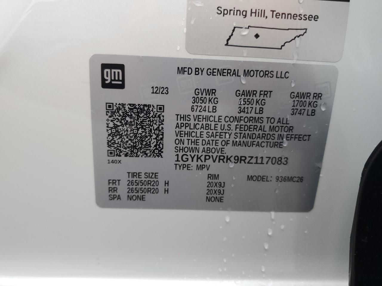 2024 CADILLAC LYRIQ SPORT VIN:1GYKPVRK9RZ117083