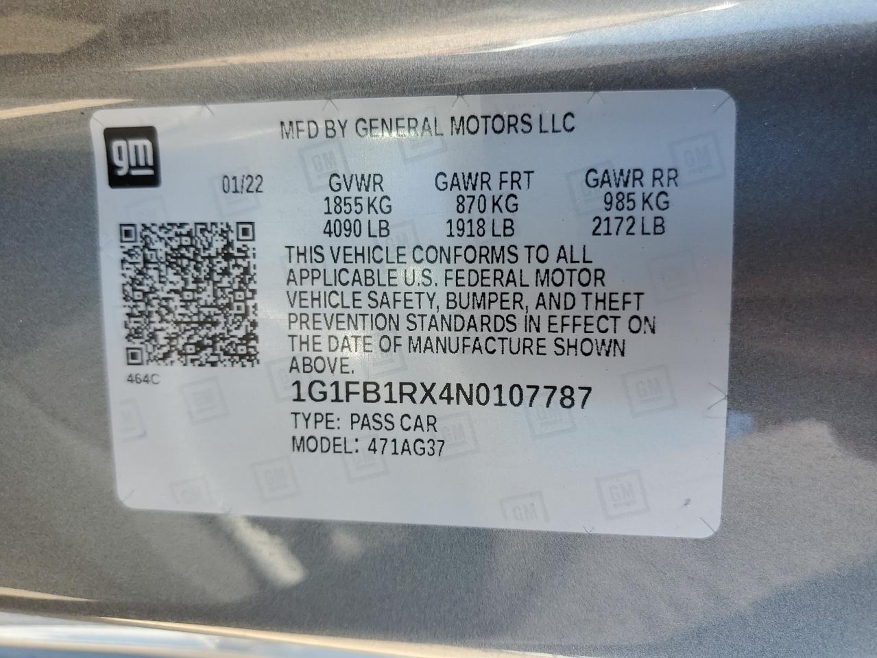 2022 CHEVROLET CAMARO LS VIN:1G1FB1RX4N0107787