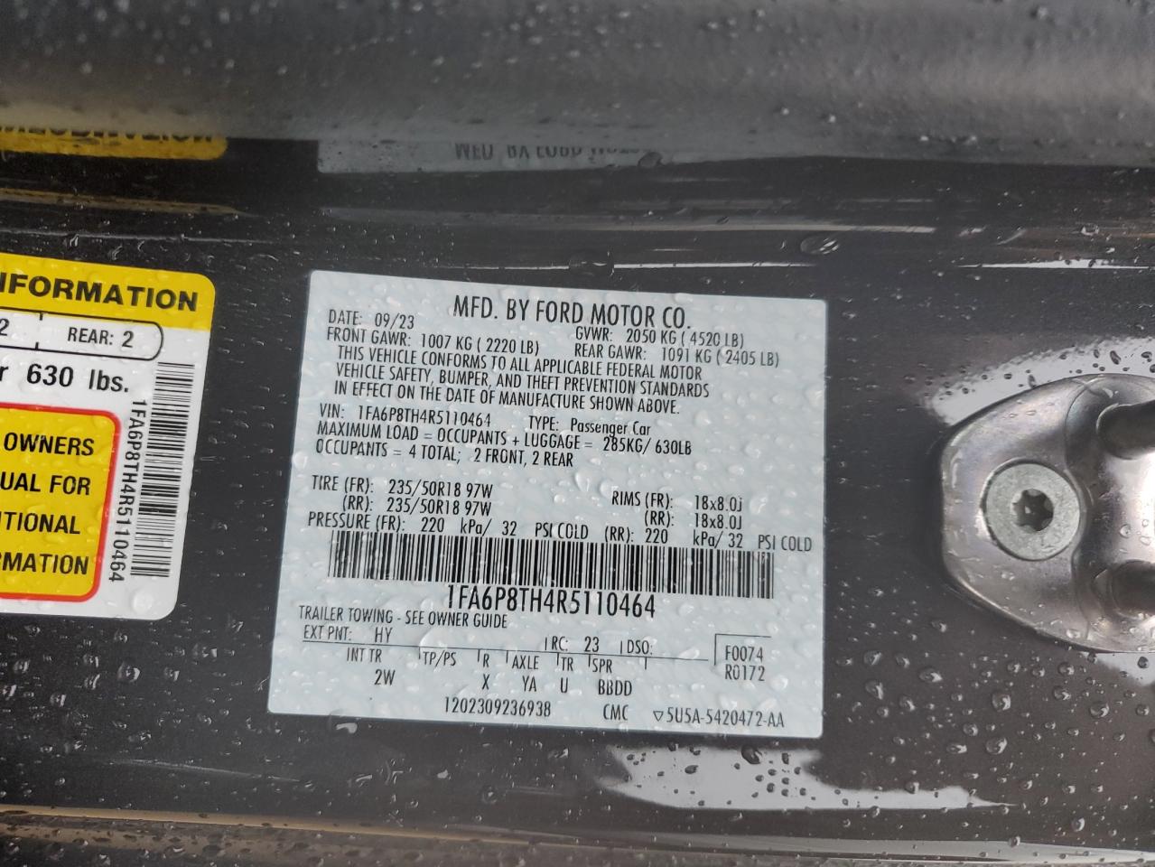 2024 FORD MUSTANG VIN:1FA6P8TH4R5110464