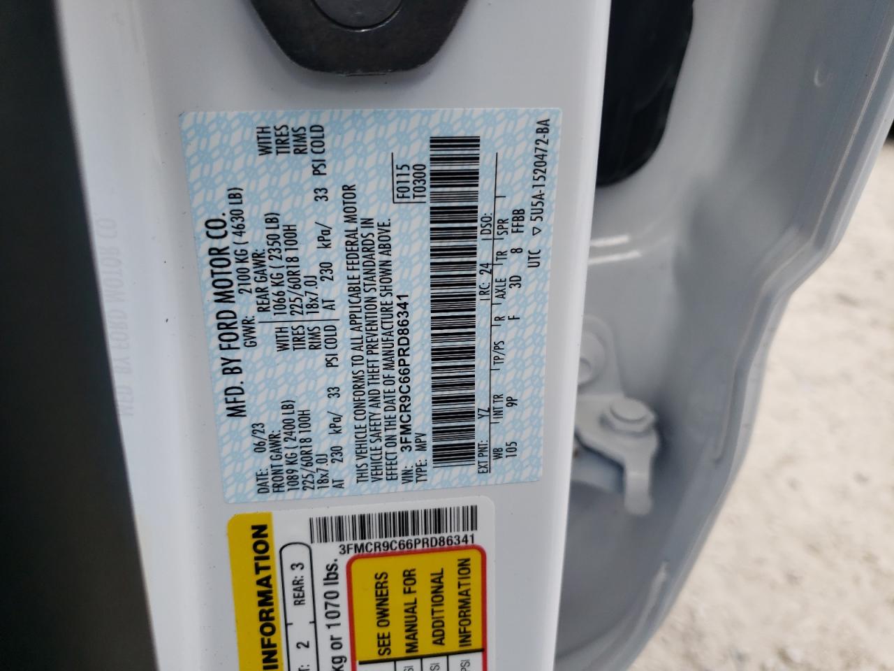 2023 FORD BRONCO SPORT OUTER BANKS VIN:3FMCR9C66PRD86341