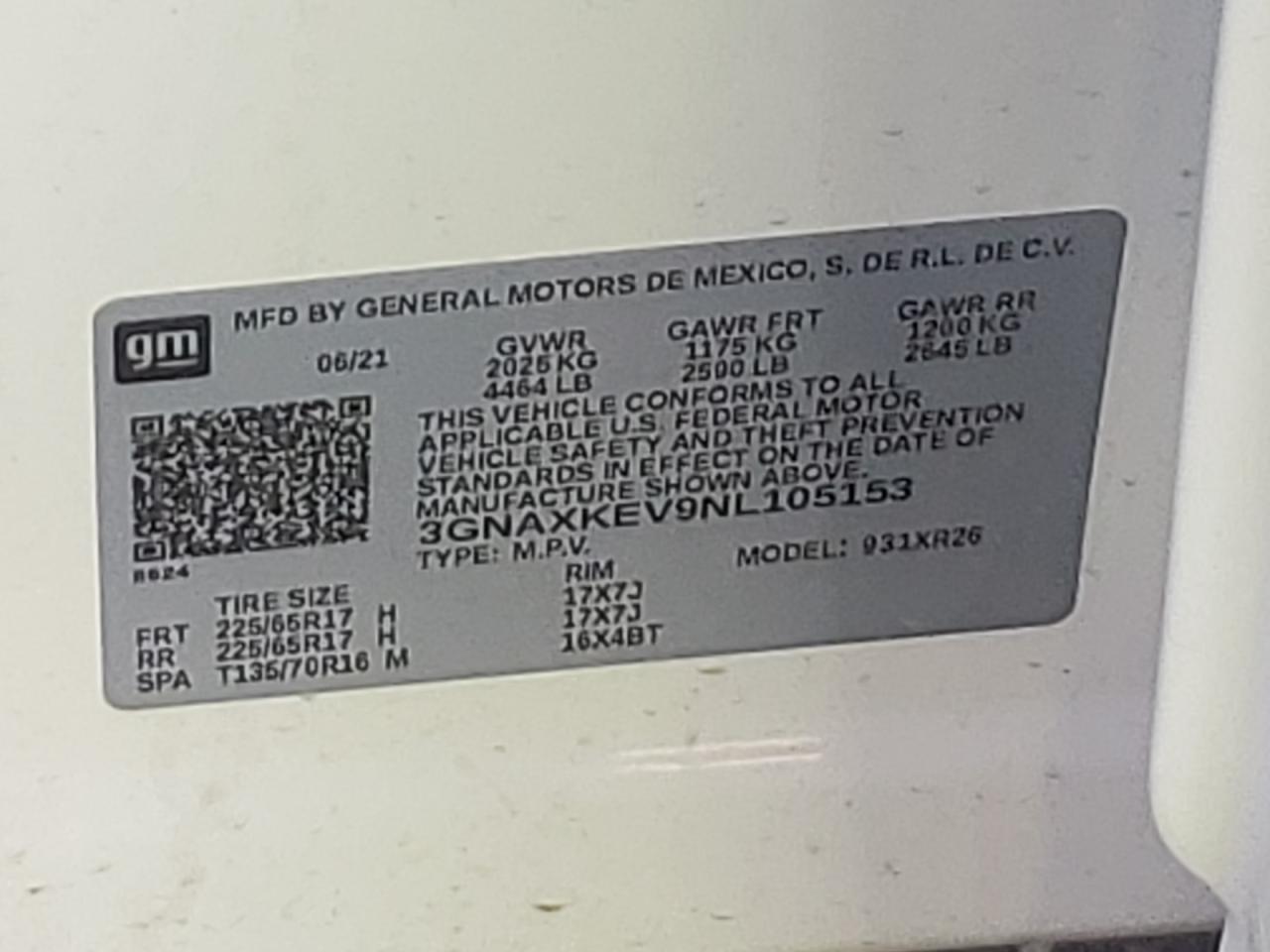 2022 CHEVROLET EQUINOX LT VIN:3GNAXKEV9NL105153