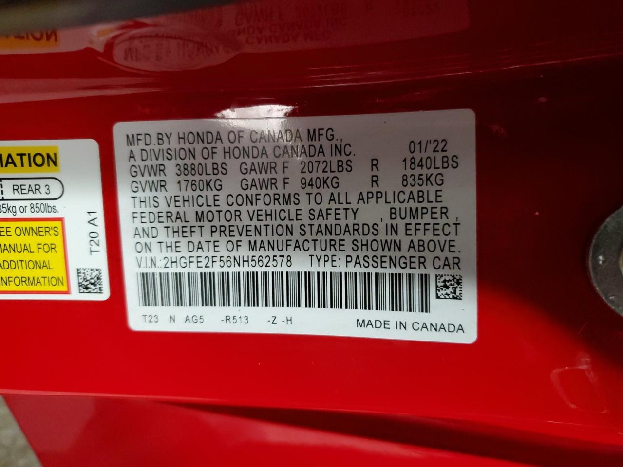 2022 HONDA CIVIC SPORT VIN:2HGFE2F56NH562578