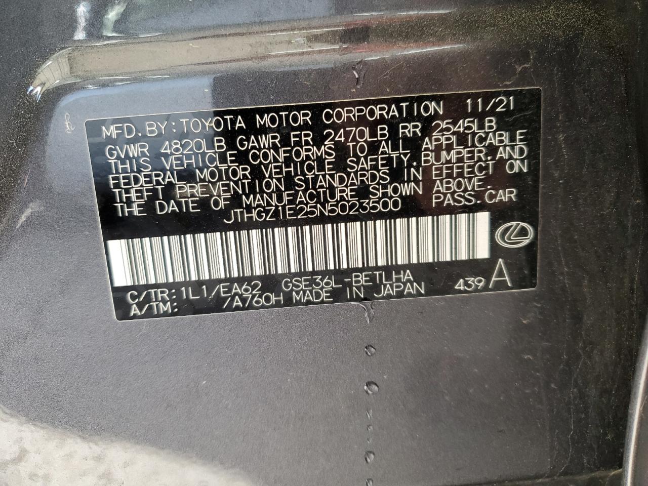 2022 LEXUS IS 350 F SPORT VIN:JTHGZ1E25N5023500